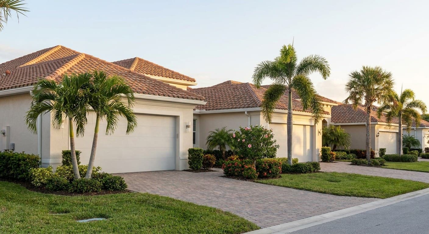 Quiet South Florida residential street in late afternoon: a row of one-story stucco homes with barrel tile roofs, each with its own sectional garage door, mature palms along the verge and paver driveways