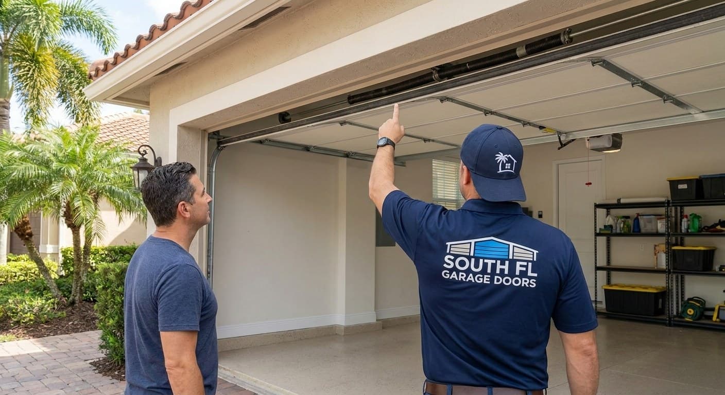 Technician in a navy South FL Garage Doors polo, seen from behind, pointing up at the torsion spring and track above an open sectional garage door while the homeowner stands beside him following where he points