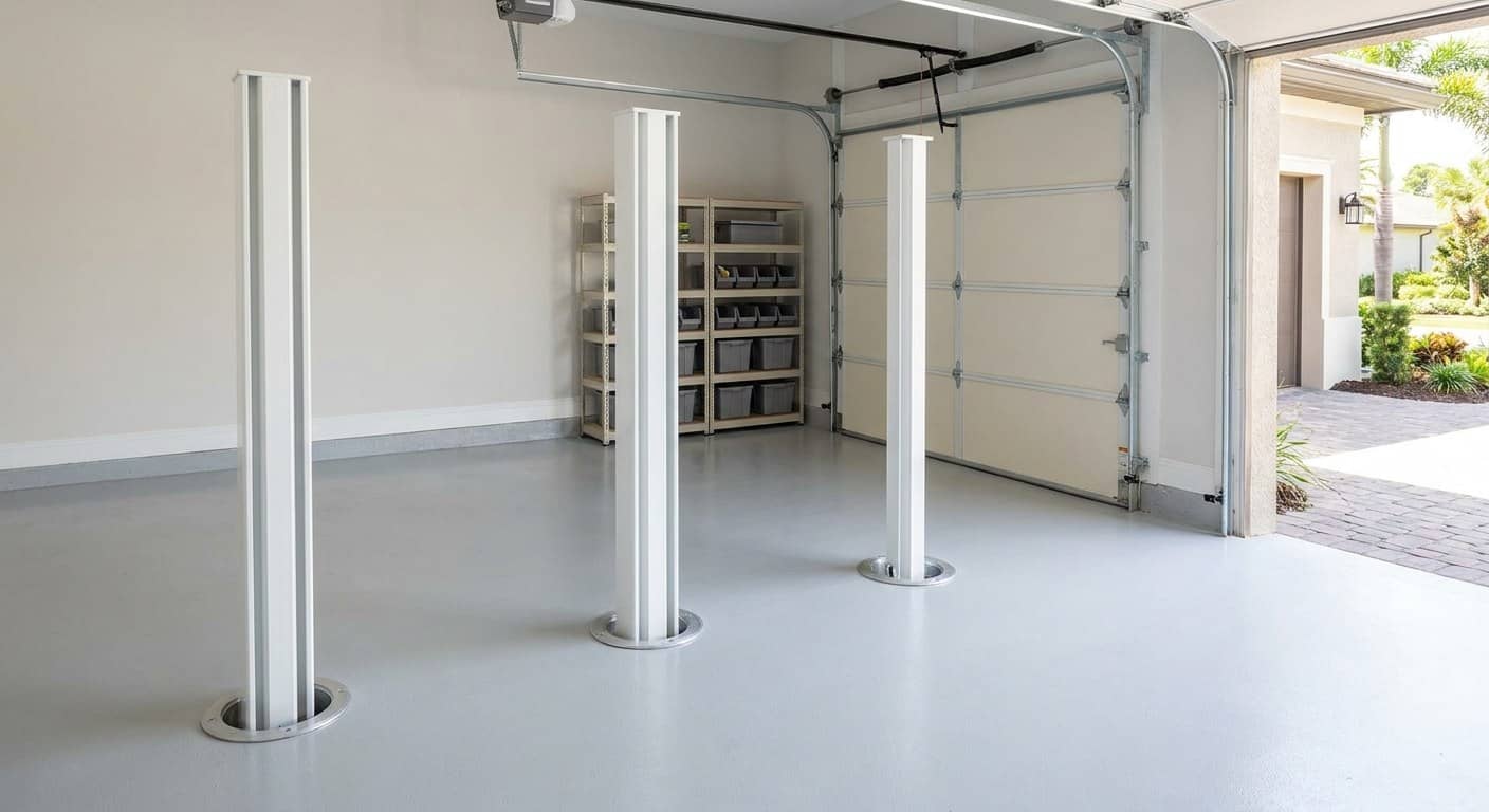 Removable hurricane brace posts stored upright beside their floor sockets