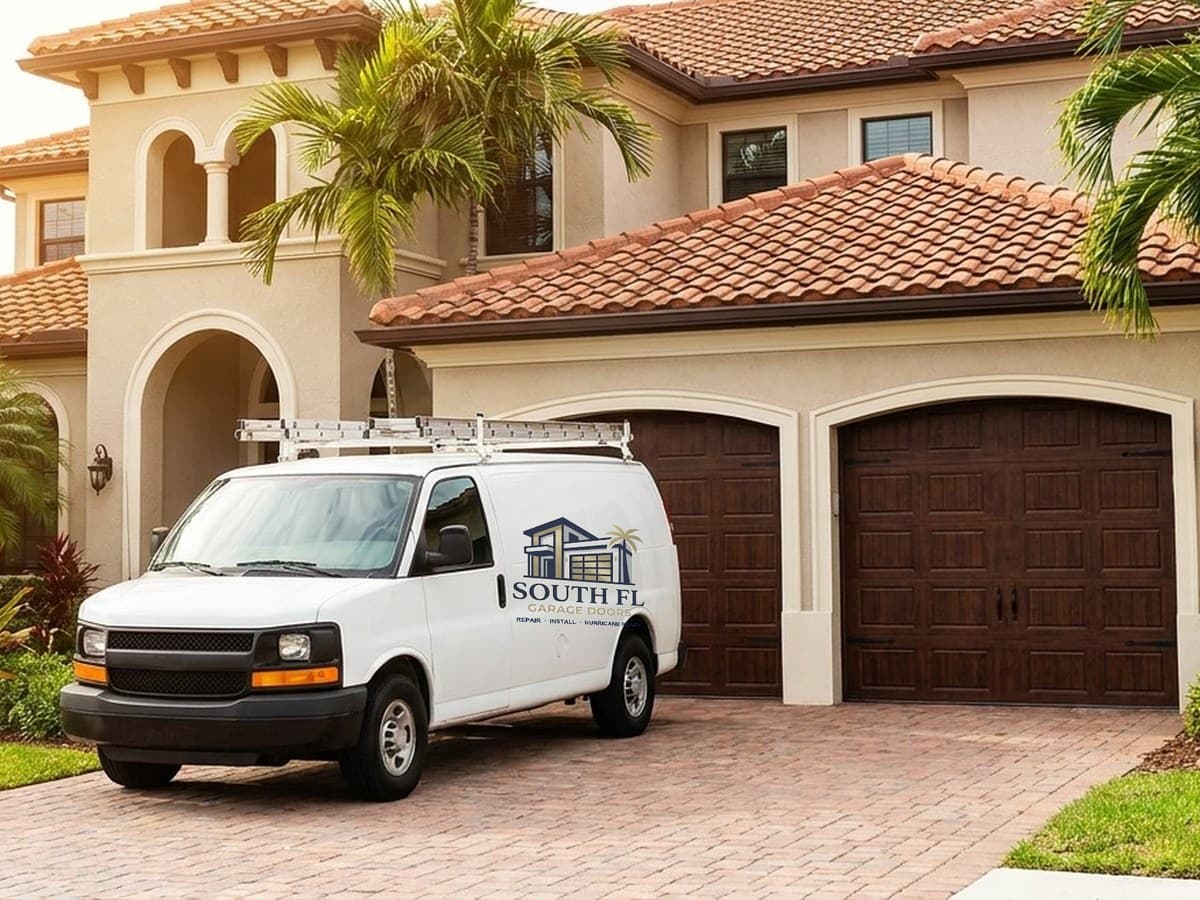 Camioneta de servicio blanca con el emblema y el nombre de South FL Garage Doors en el lateral, aparcada en una entrada adoquinada de una casa del sur de Florida con techo de teja