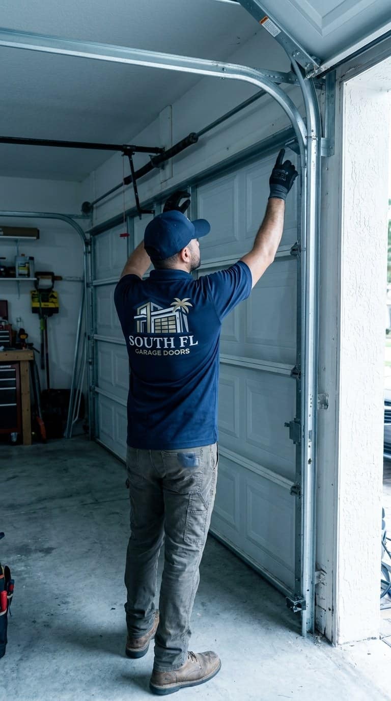 Tecnico con polo y gorra azul marino de South FL Garage Doors, visto de espaldas dentro de un garaje, alcanzando el riel y los rodillos de una puerta seccional clara