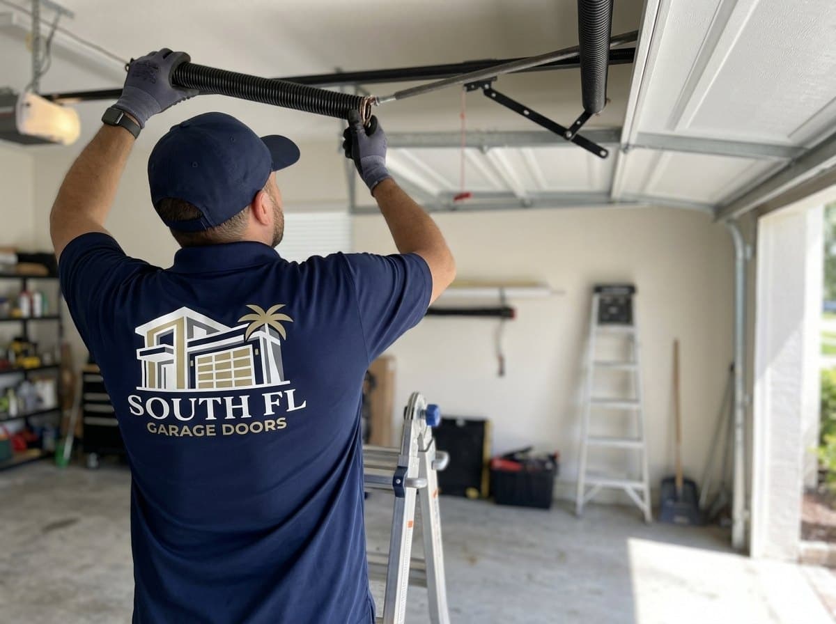 Tecnico con polo y gorra azul marino de South FL Garage Doors, visto de espaldas sobre una escalera, trabajando en el resorte de torsion sobre una puerta de garaje blanca