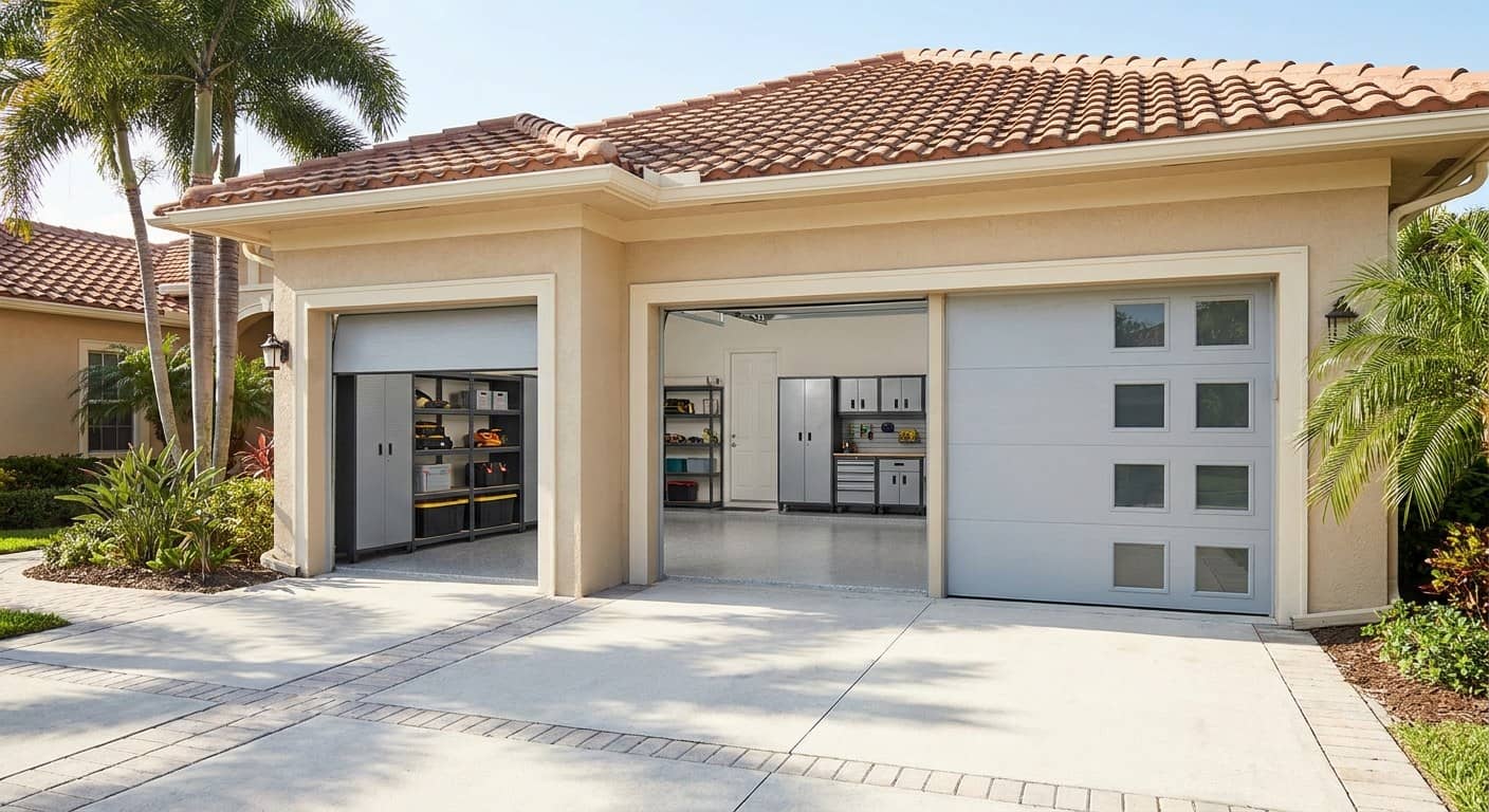 Single-car and double-car garage doors side by side on a Florida house
