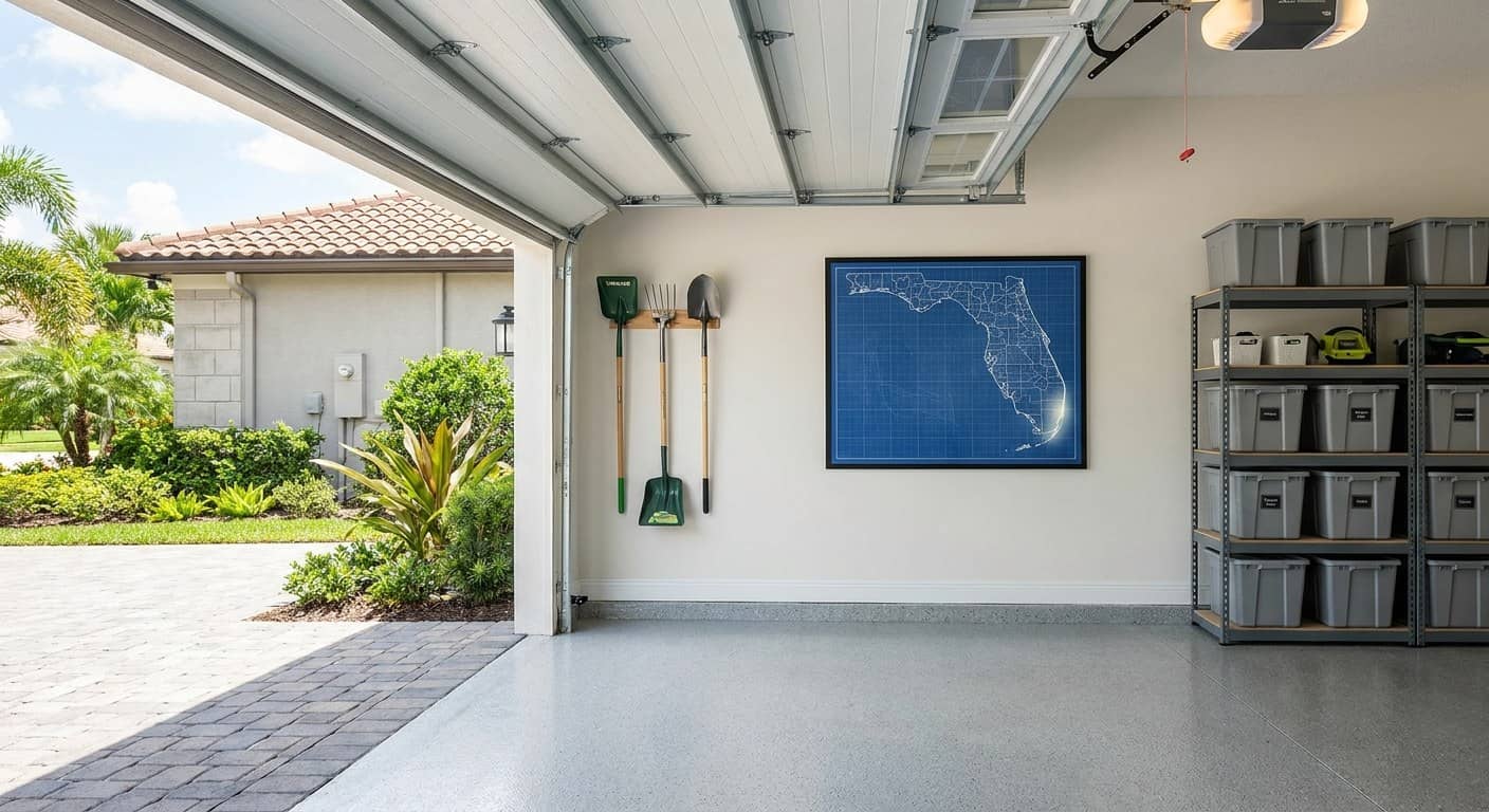Blueprint-style line map of Florida on navy, with a glow on the southeastern tip