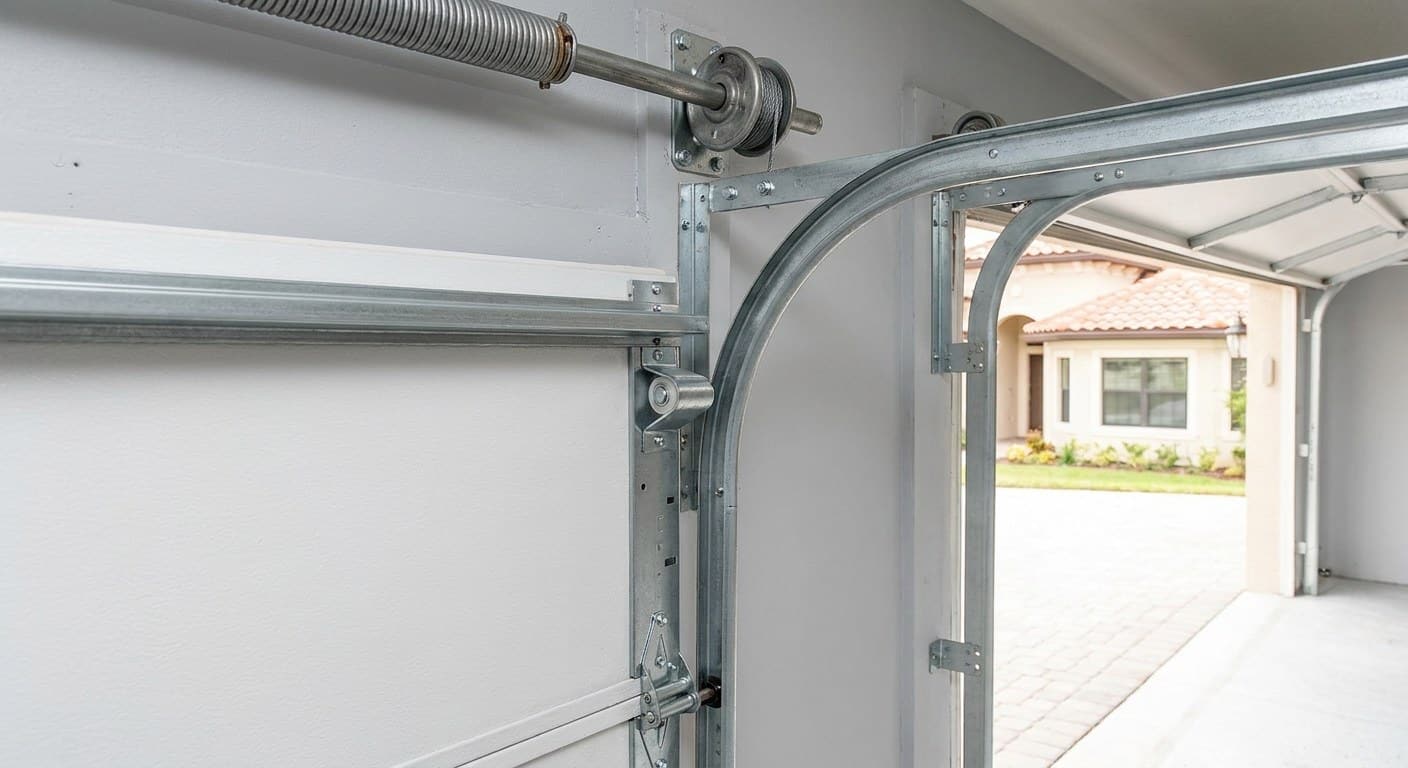 Galvanized steel hinge joining two white garage door sections, with its roller stem