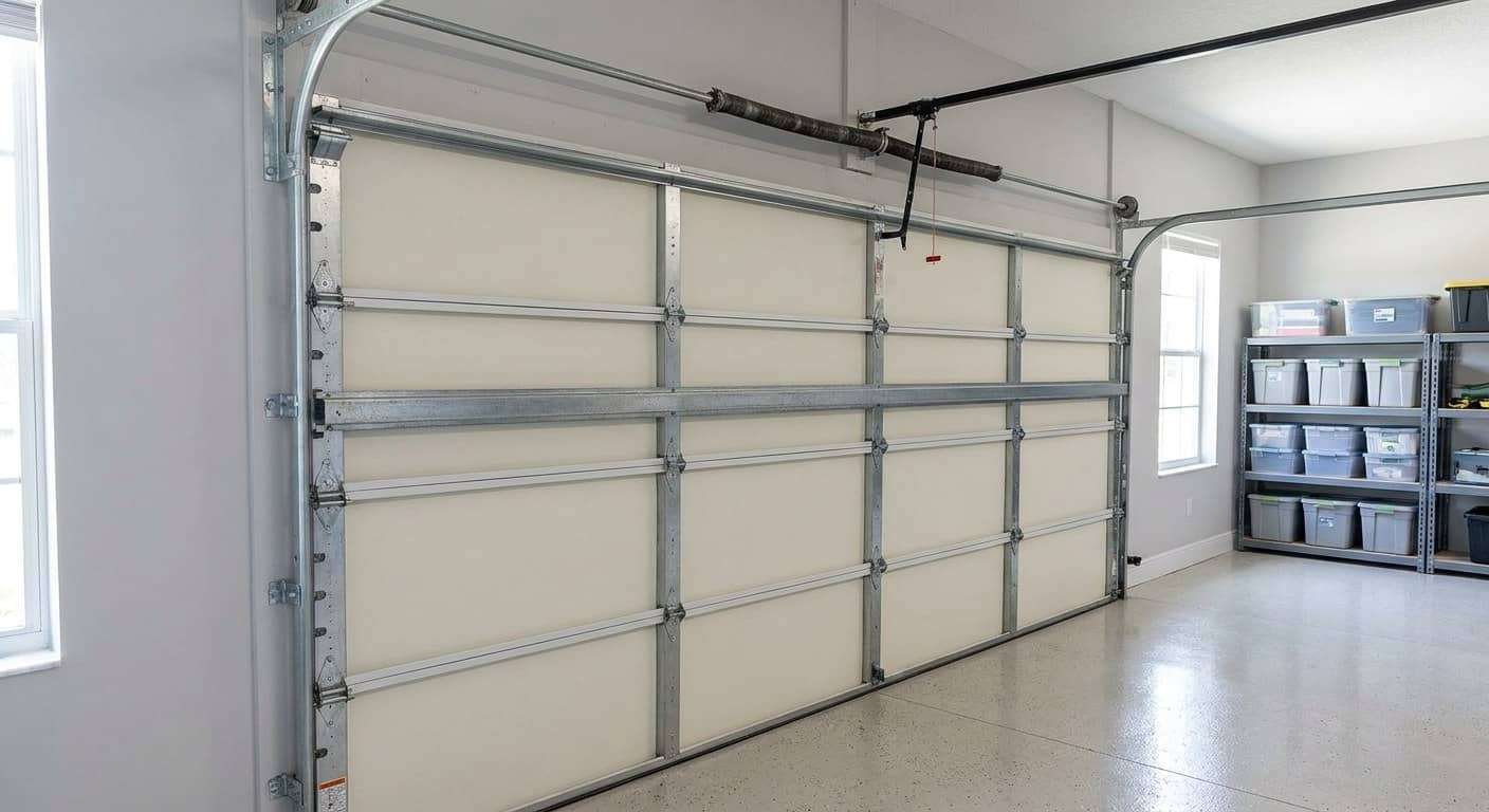 Back face of a closed sectional garage door with a galvanized horizontal wind-load brace bolted across the panels into vertical post channels