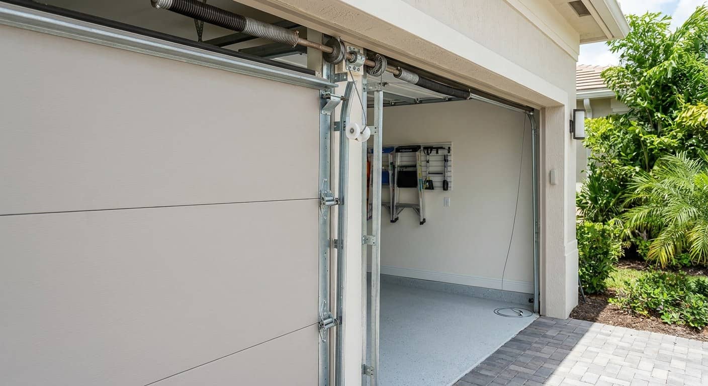 Sectional garage door sitting crooked in its opening with a roller out of the vertical channel and one cable slack