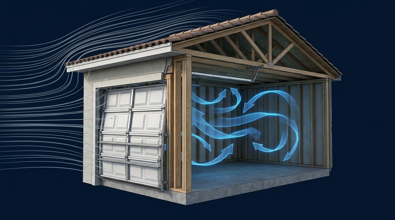 Cutaway 3D illustration of a garage in a hurricane: the sectional door bows outward while blue airflow arrows show suction pulling it off its tracks