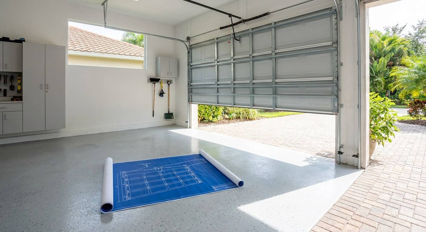 Blueprint-style line schematic of a sectional garage door mechanism on navy