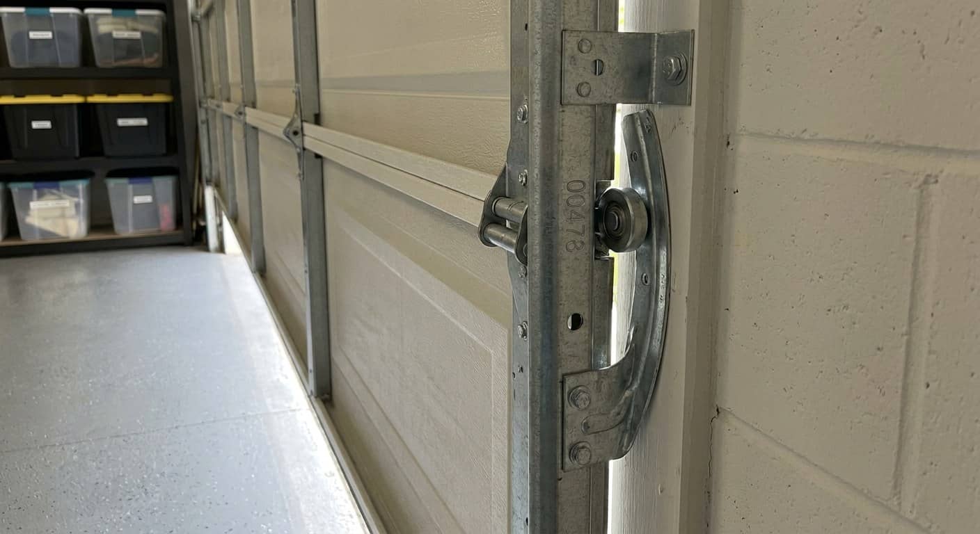 Stamped number on a garage door hinge leaf between two sections