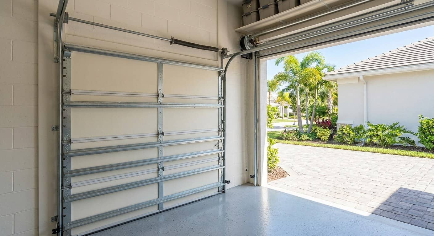 Refuerzos galvanizados atornillados por dentro de una puerta reforzada para huracanes