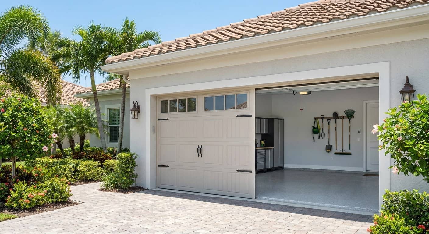 A newly installed carriage-house garage door on a South Florida stucco home