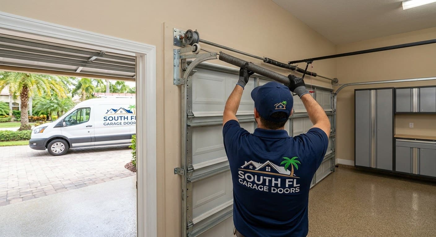 Cara exterior de una puerta de garaje seccional resistente a huracanes, con nervaduras horizontales profundas y una fila de ventanas de impacto, en una casa de estuco de Miami-Dade