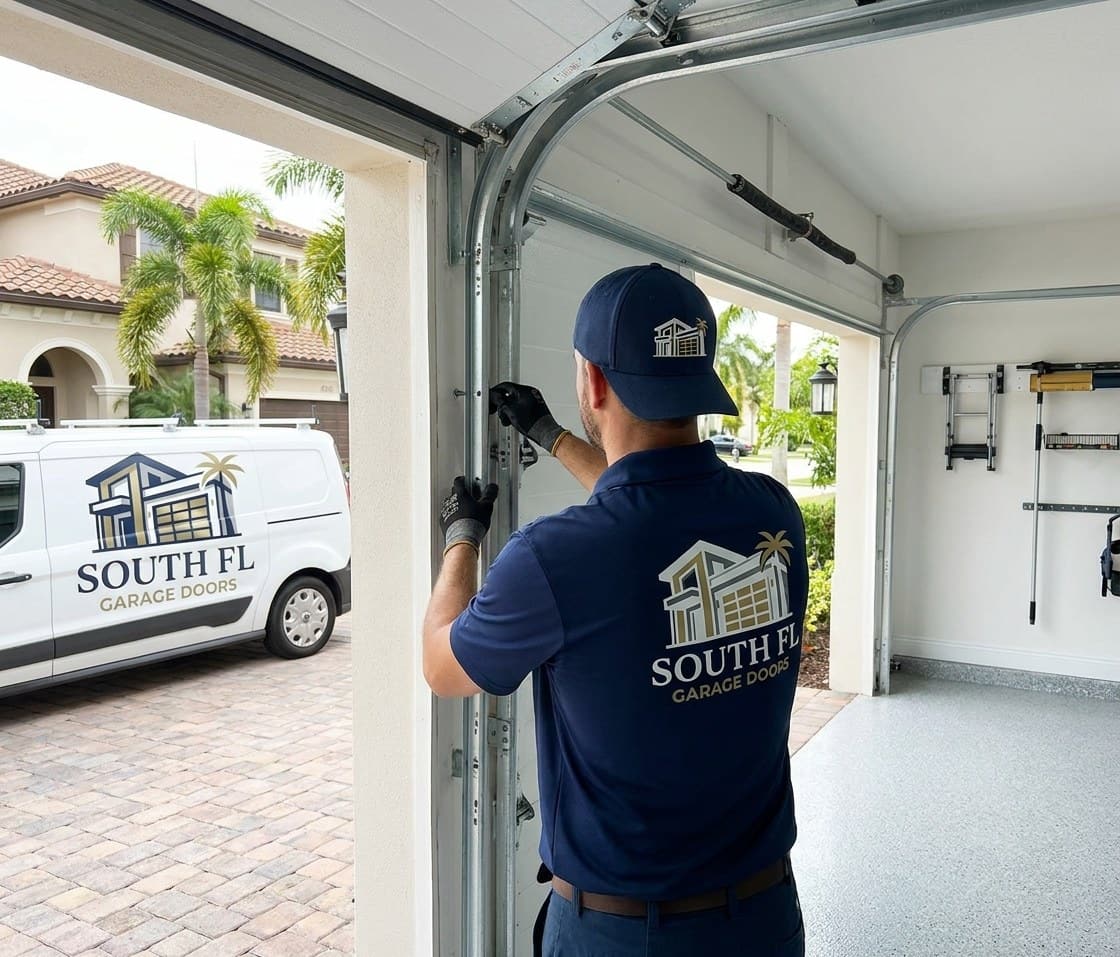 Gloved hands bolting a galvanized vertical wind brace to the inside face of a white sectional garage door