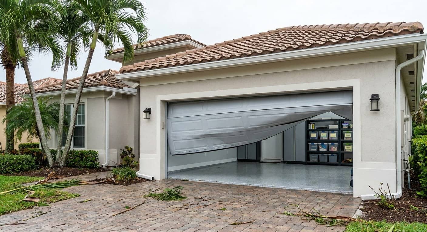 Casa de Florida tras una tormenta con la puerta de garaje hundida