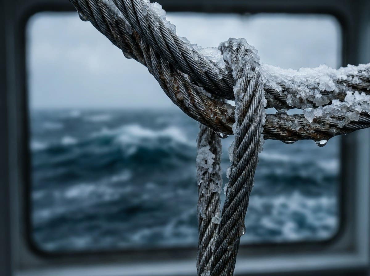 Macro de un cable de acero trenzado de puerta de garaje cubierto de sal, con el océano desenfocado detrás