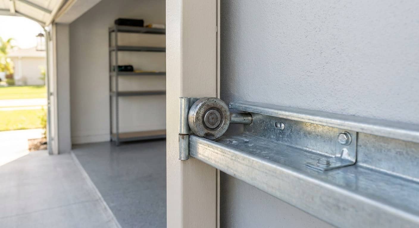 Rodillo de acero de puerta de garaje desgastado con un plano visible y picaduras, en su vástago