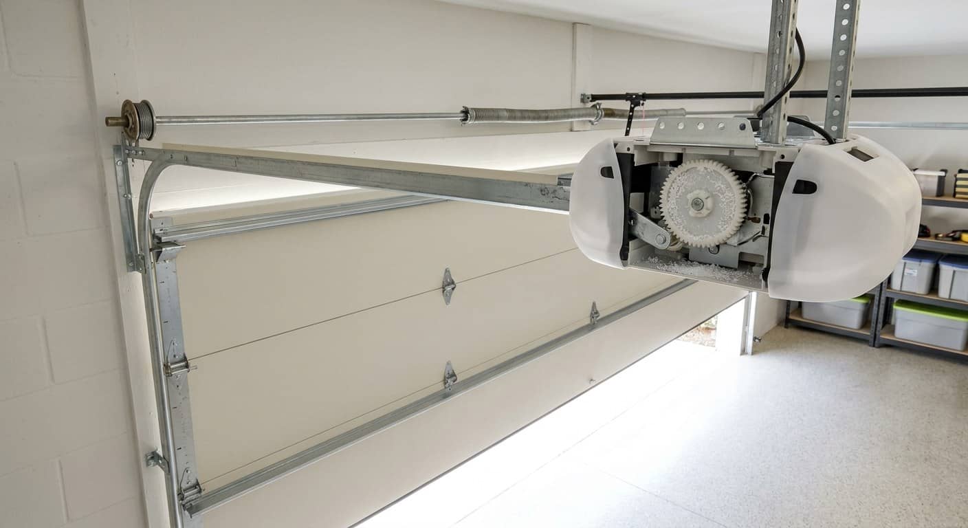 Engrane plástico blanco barrido dentro del motor de una puerta de garaje, con virutas visibles