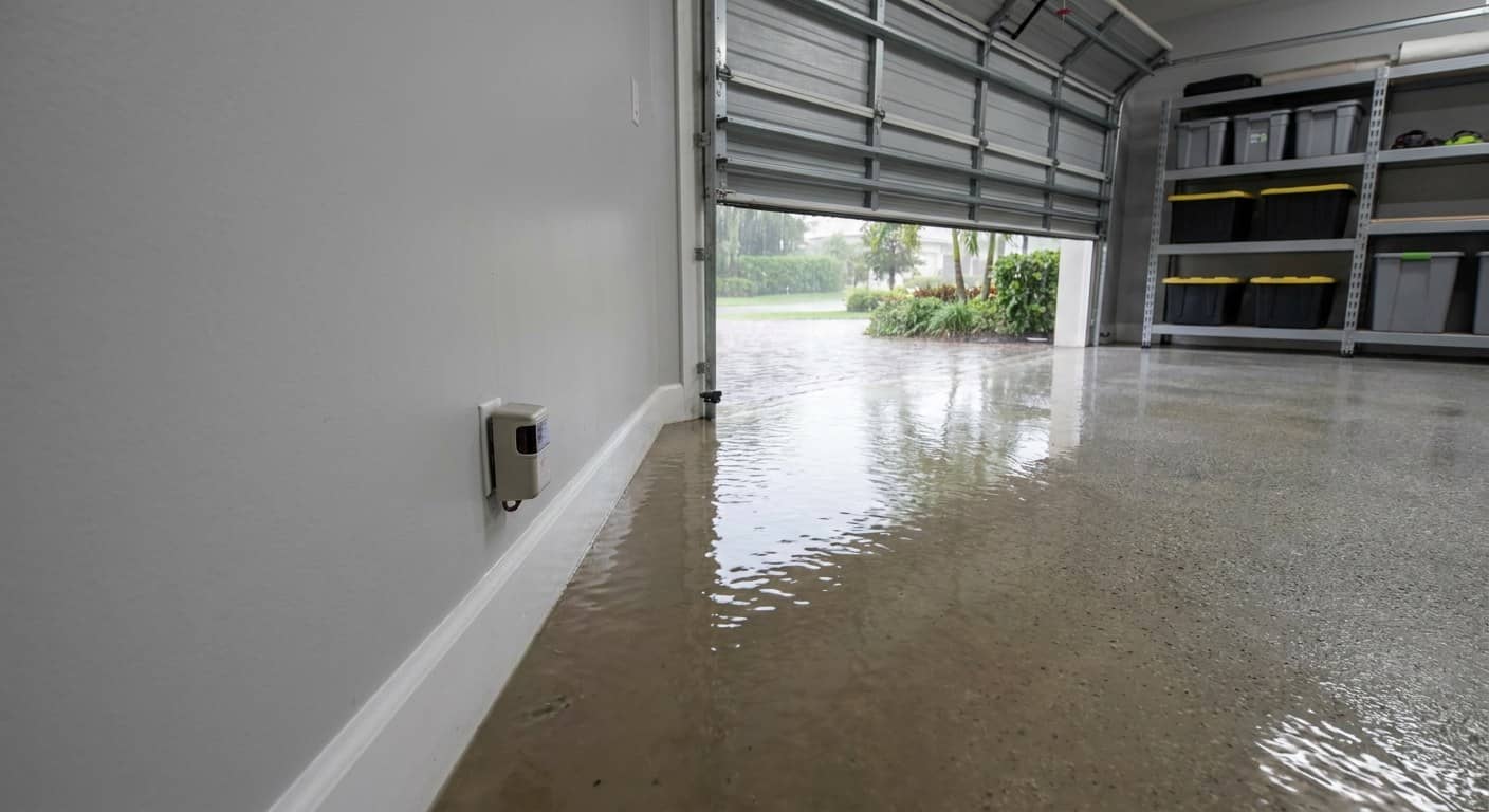 Sensor de seguridad de puerta de garaje a pulgadas de una losa de concreto inundándose en una tormenta