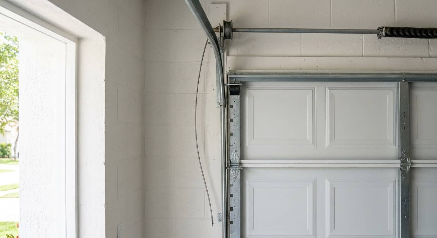 Riel vertical visiblemente doblado y separado de su soporte, con un cable de elevacion flojo salido del tambor