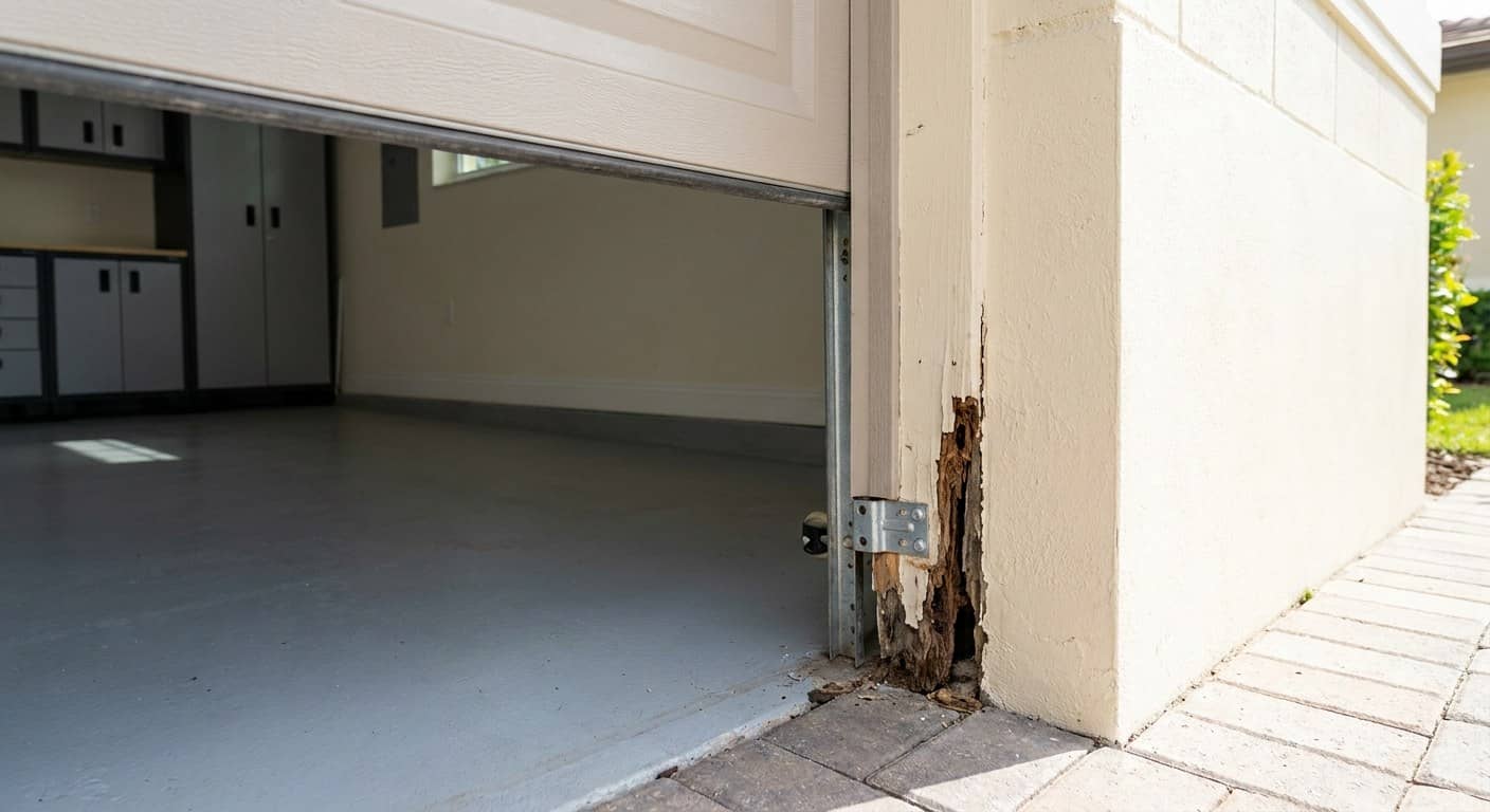 Jamba de madera podrida desmoronándose donde se ancla la guía