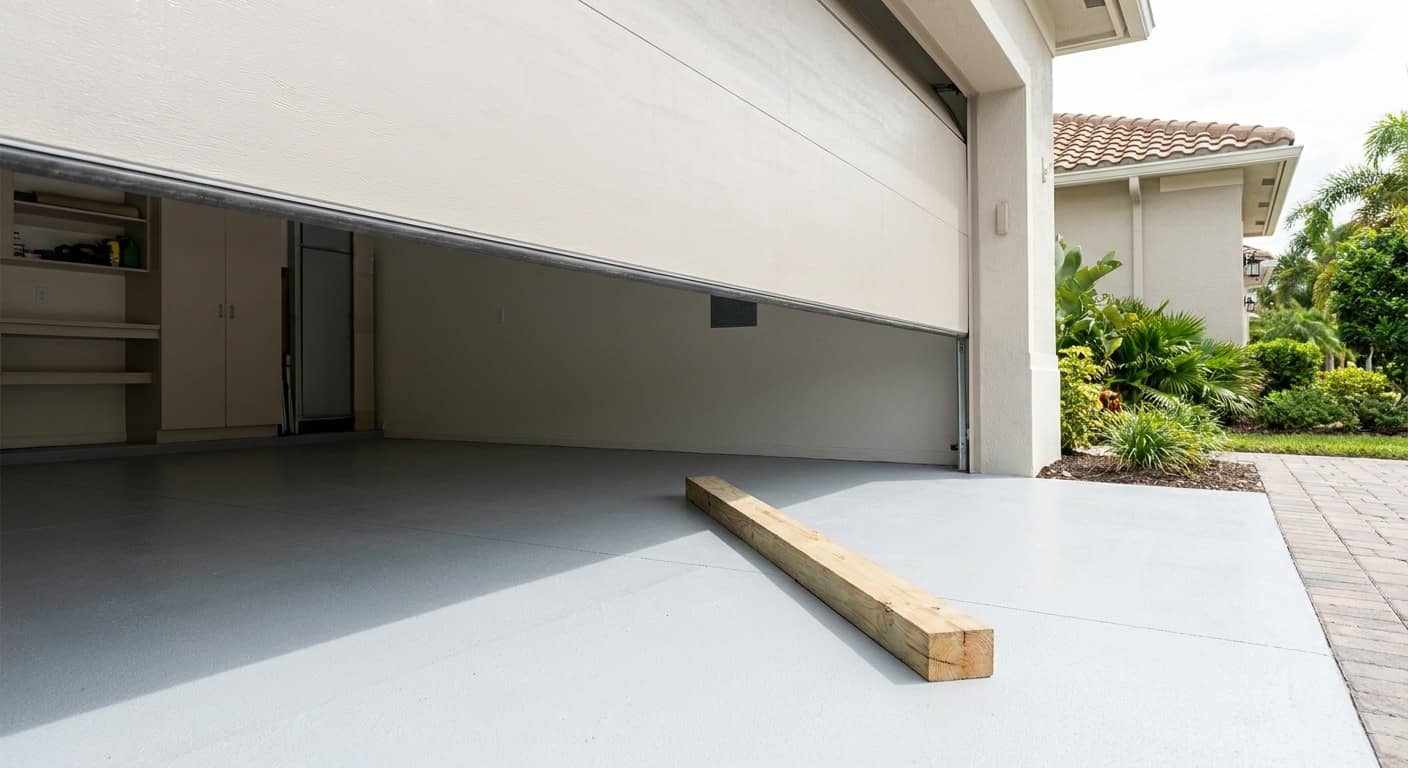 Garage door meeting a length of timber on the floor and reversing