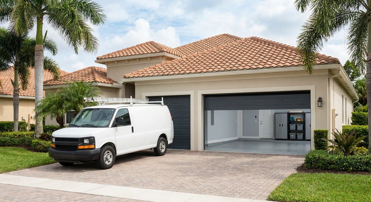 Camioneta de servicio blanca sin rótulos con portaescaleras frente a una casa del sur de Florida con dos puertas de garaje oscuras