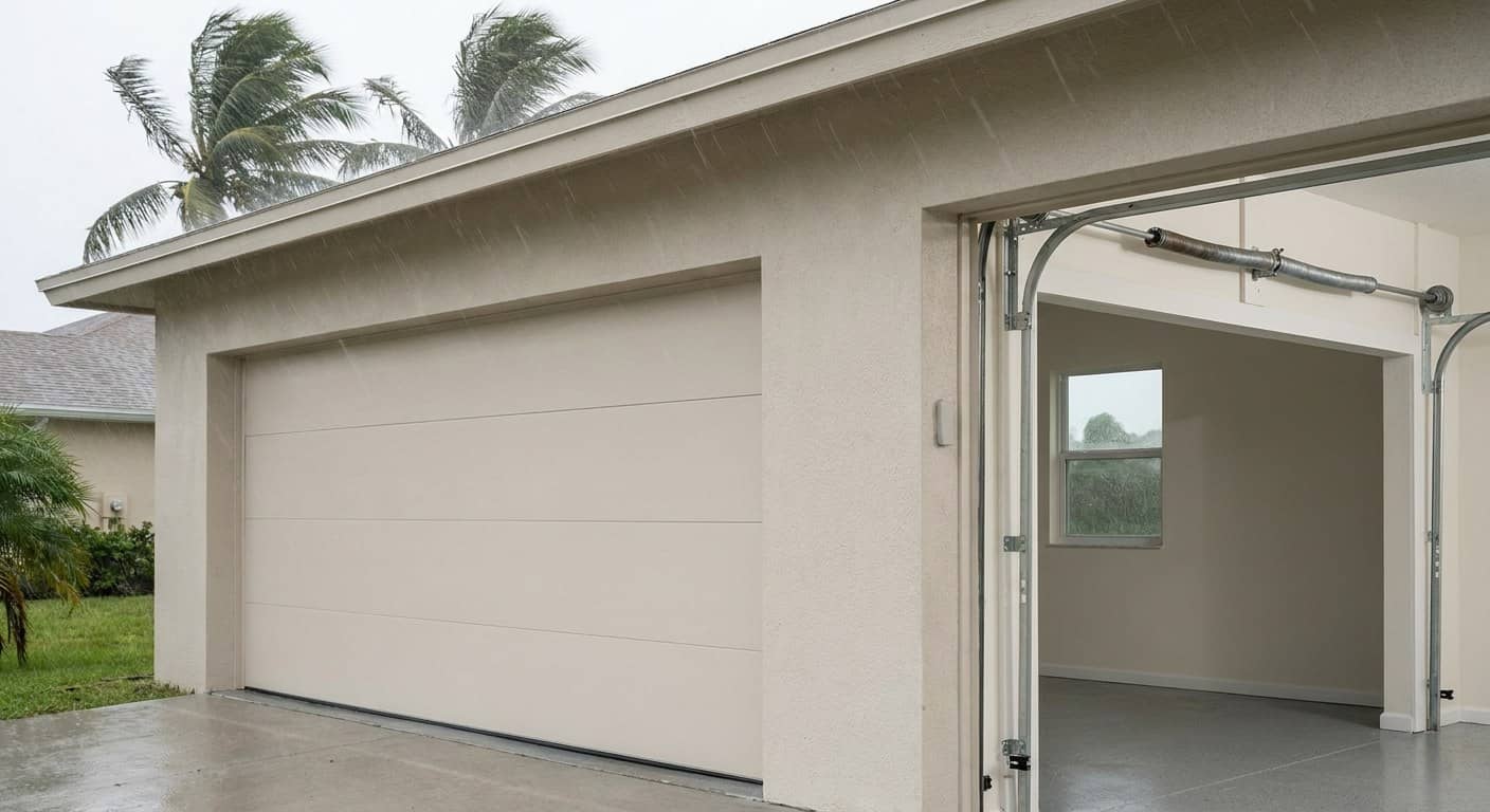 Casa de una planta del sur de Florida con la puerta de garaje cerrada mientras entra un frente de tormenta sobre palmeras dobladas