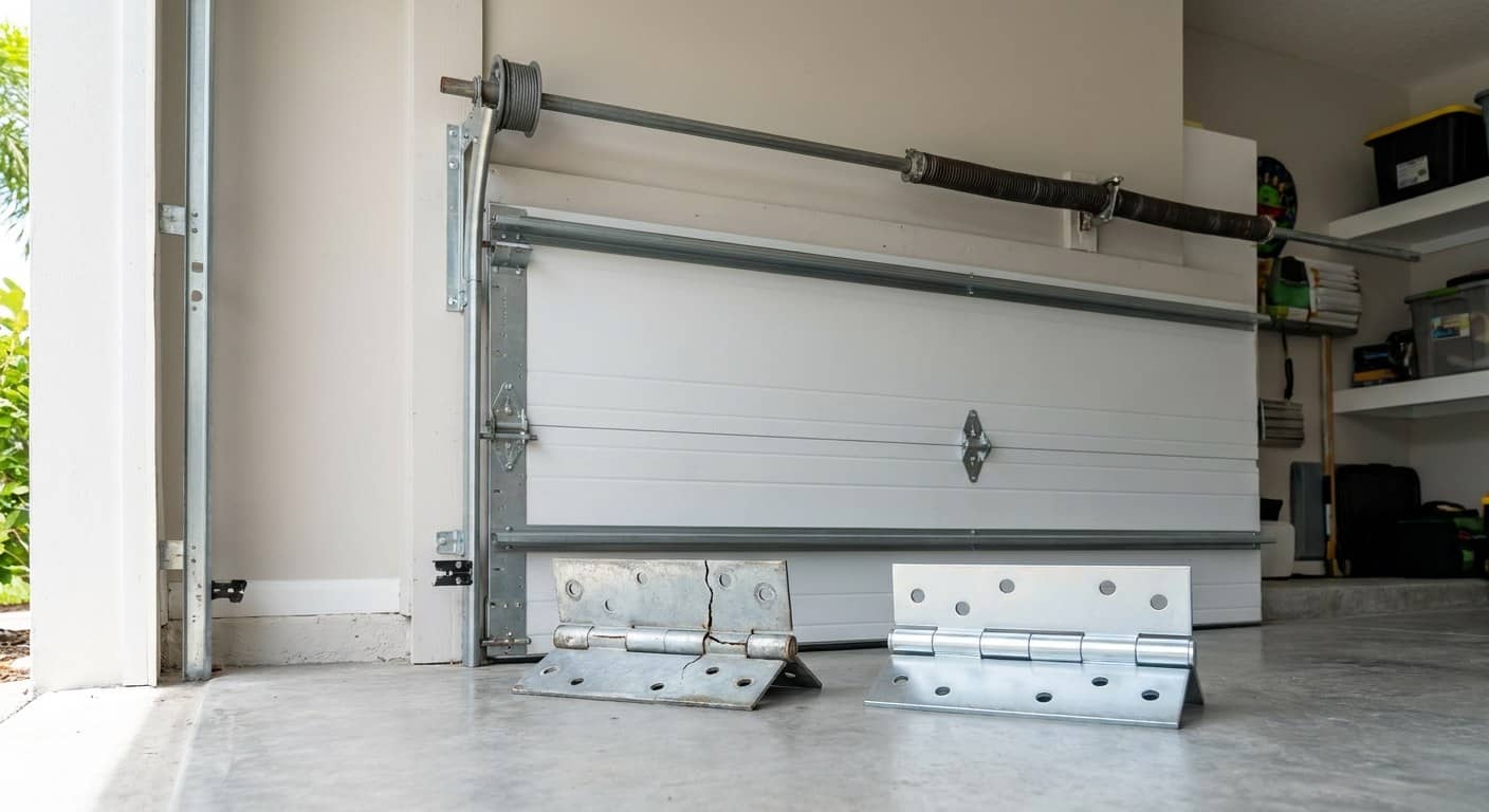 Cracked galvanized garage door hinge unbolted from the door, next to a new one