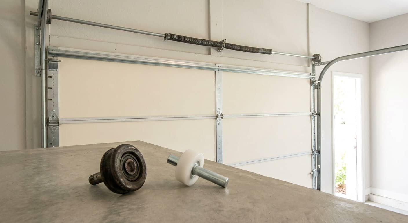 Worn steel roller beside a new nylon roller with its stem, laid on a work surface