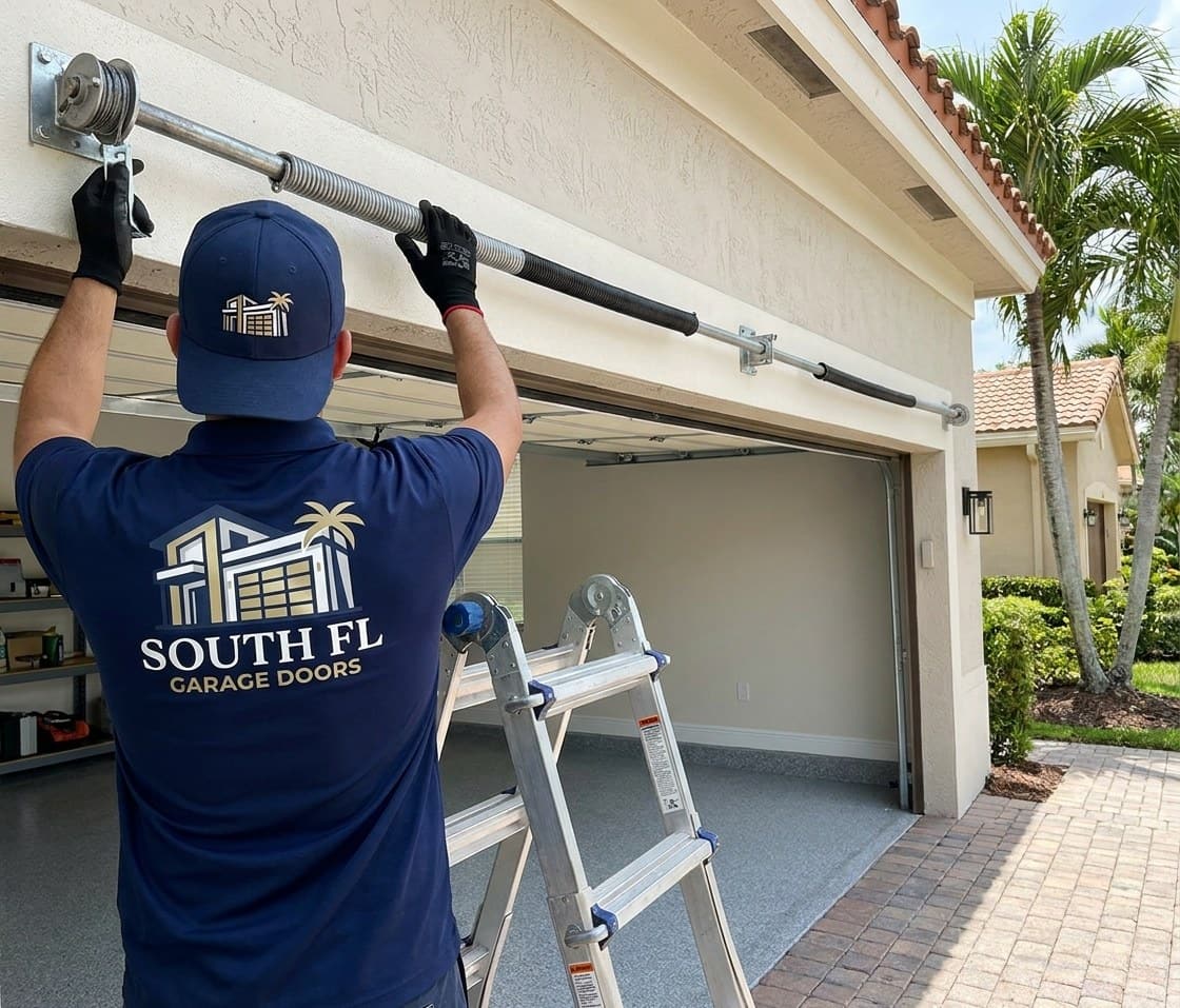 Technician on a step ladder with one gloved hand on the torsion spring shaft and the other on a roller bracket, the door half open