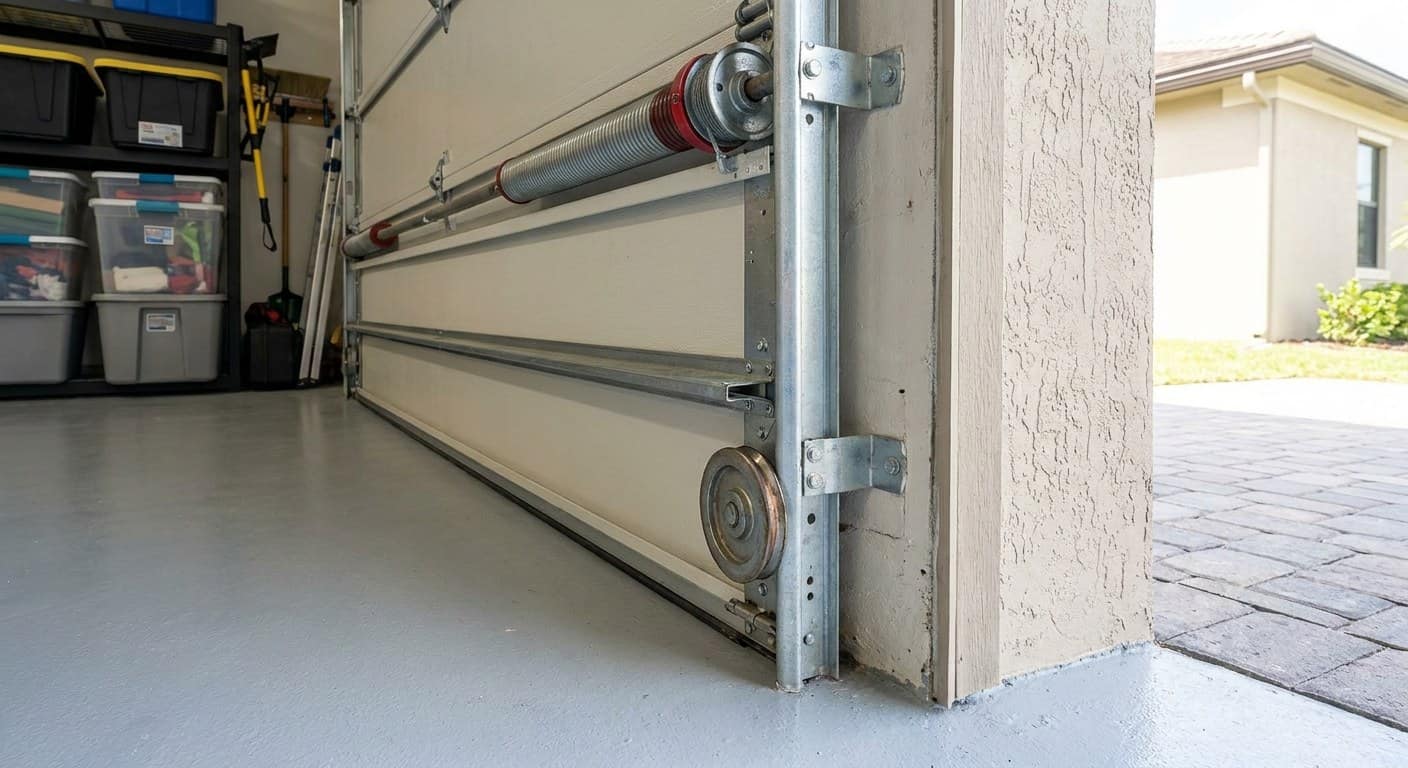 Fila de rodillos y bisagras al costado de una puerta, con un rodillo visiblemente gastado