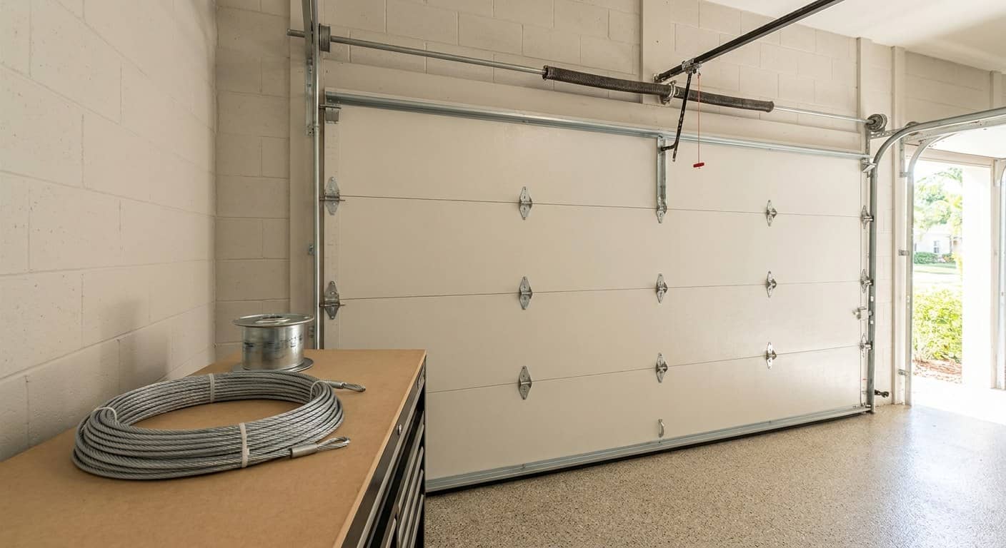Cable de elevacion galvanizado nuevo enrollado junto a un tambor sobre una superficie de trabajo