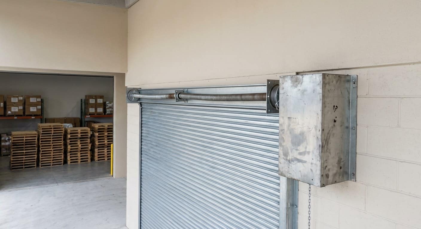 Motor de una puerta enrollable comercial montado al lado del muelle, con la carcasa marcada por el uso