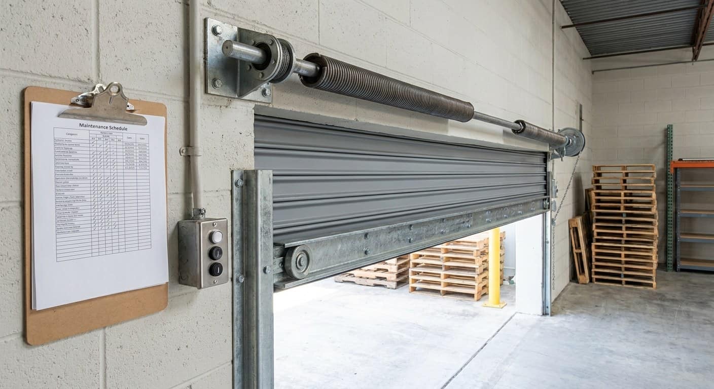 Programa de mantenimiento impreso colgado junto a la estacion de control de una puerta comercial