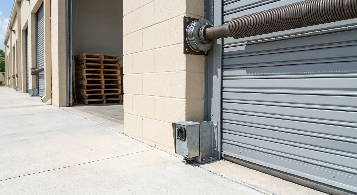 Fotocelula industrial montada a baja altura en el borde de un hueco de puerta comercial