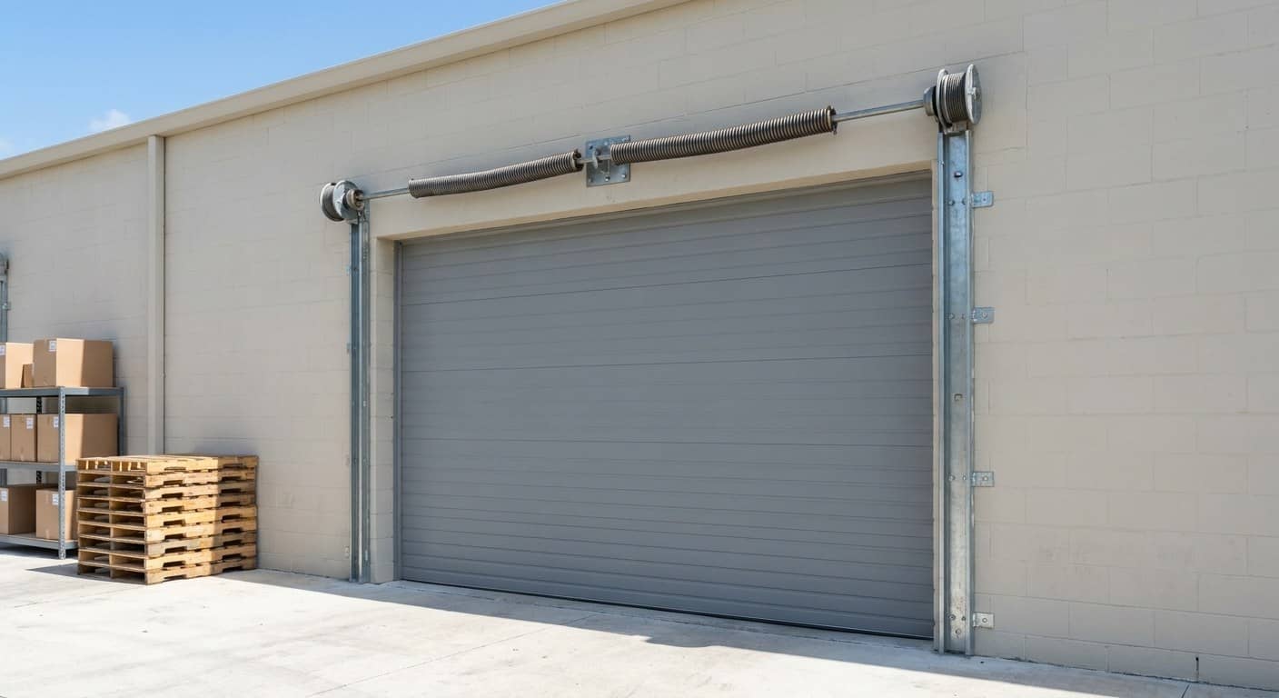 Puerta seccional comercial aislada de gran tamano en una nave ligera con luz de dia