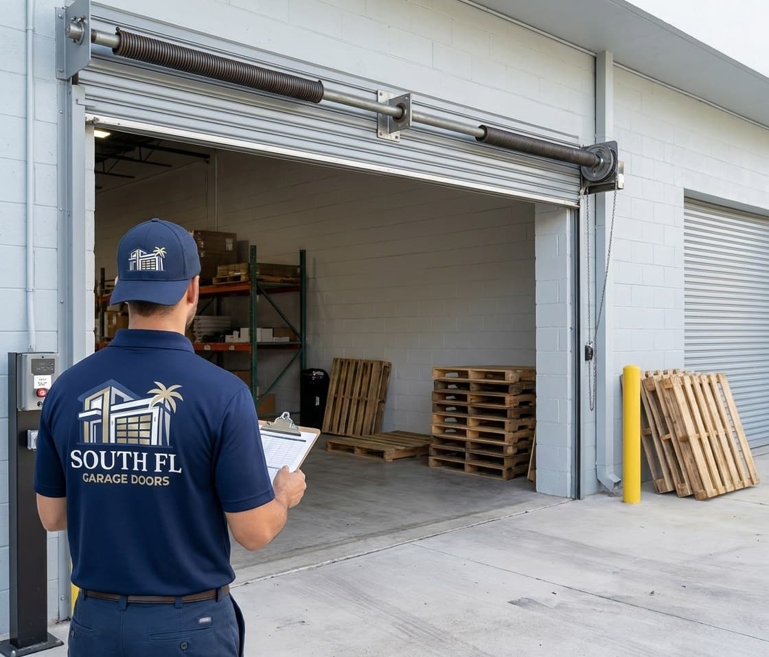 Puerta comercial enrollable de acero a medio abrir en un muelle de carga, con un tecnico y portapapeles en el control