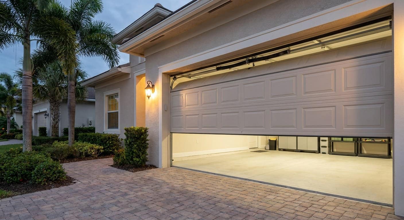 Garage door stuck a third of the way open at night, the dark interior visible through the gap, a porch light on the wall