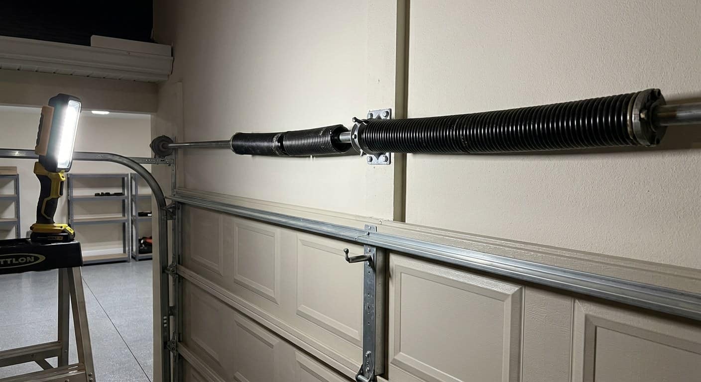 Broken torsion spring above a garage door photographed under a work light at night, the gap in the coil catching the beam