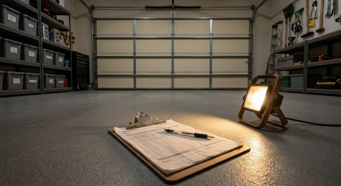Printed job sheet on a clipboard under a work light on a garage floor at night, a pen across it