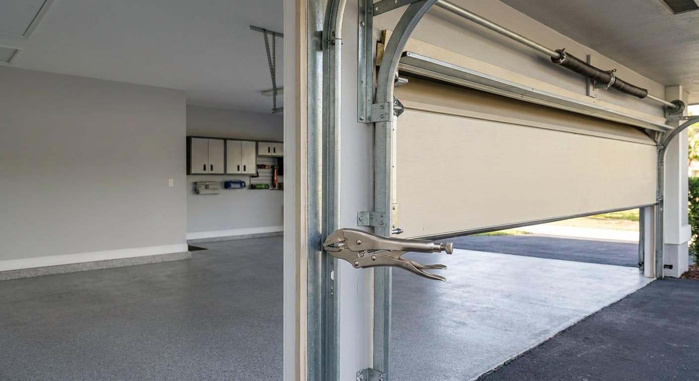 Locking plier clamped to a vertical garage door track beneath a door held part-way open, the driveway dark beyond