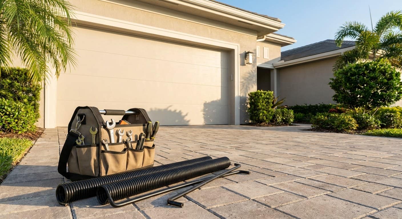 Tool bag and a new spring set laid on a driveway in early morning light in front of a closed garage door