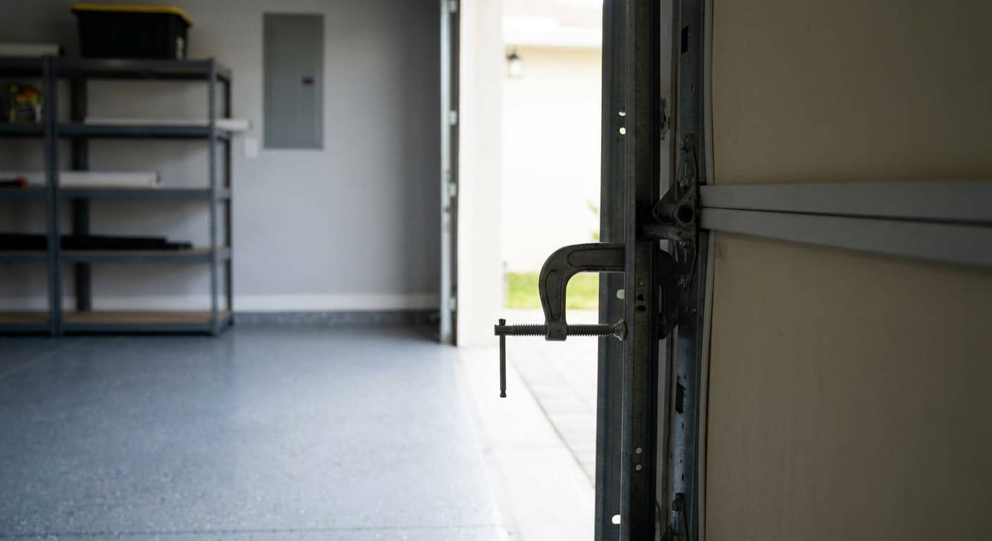 Garage door closed and secured with a clamp visible on the inside track, seen from within a dim garage