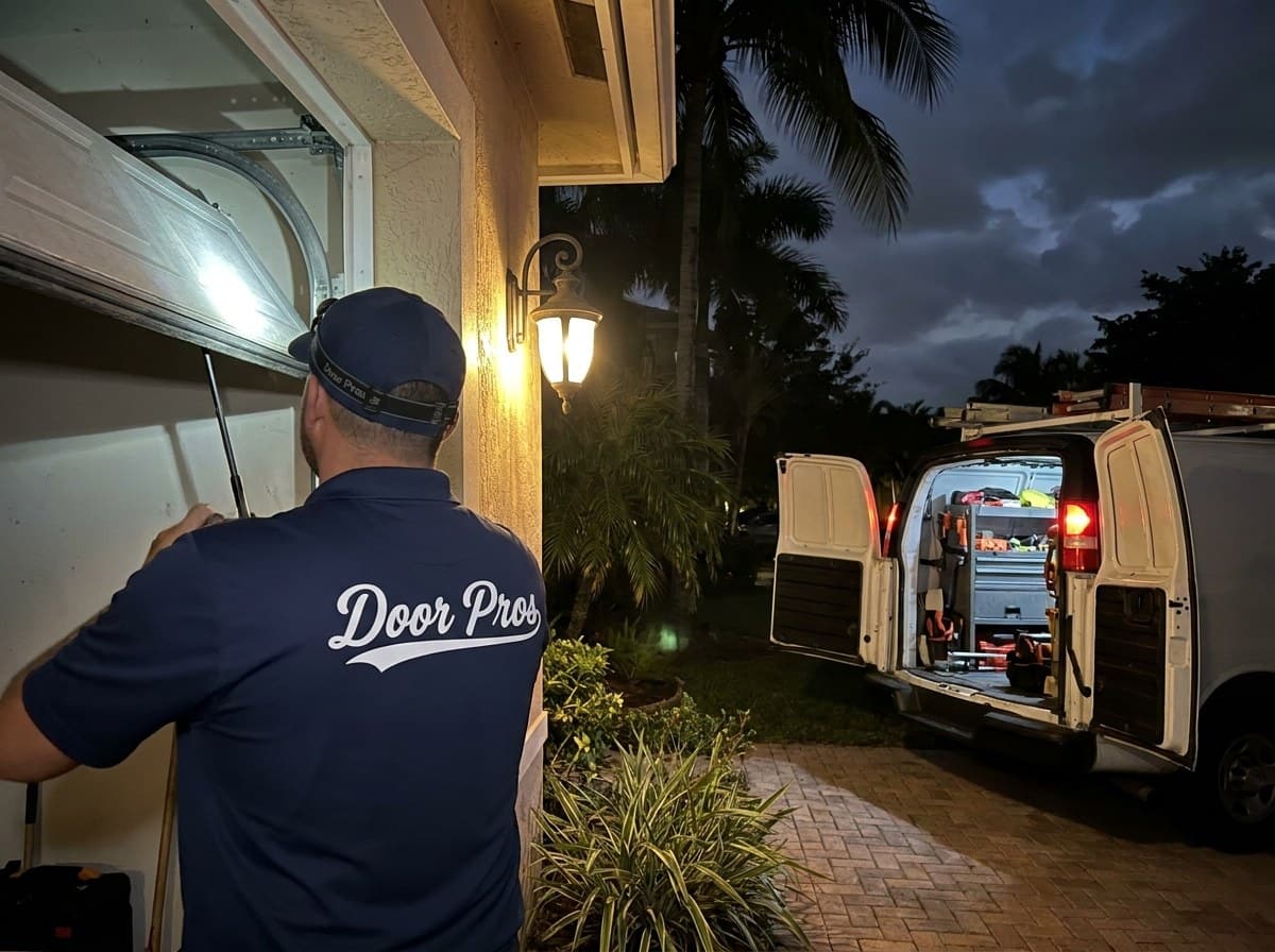 Technician with a headlamp working at a garage door stuck half open at night, a service van behind with its rear doors open