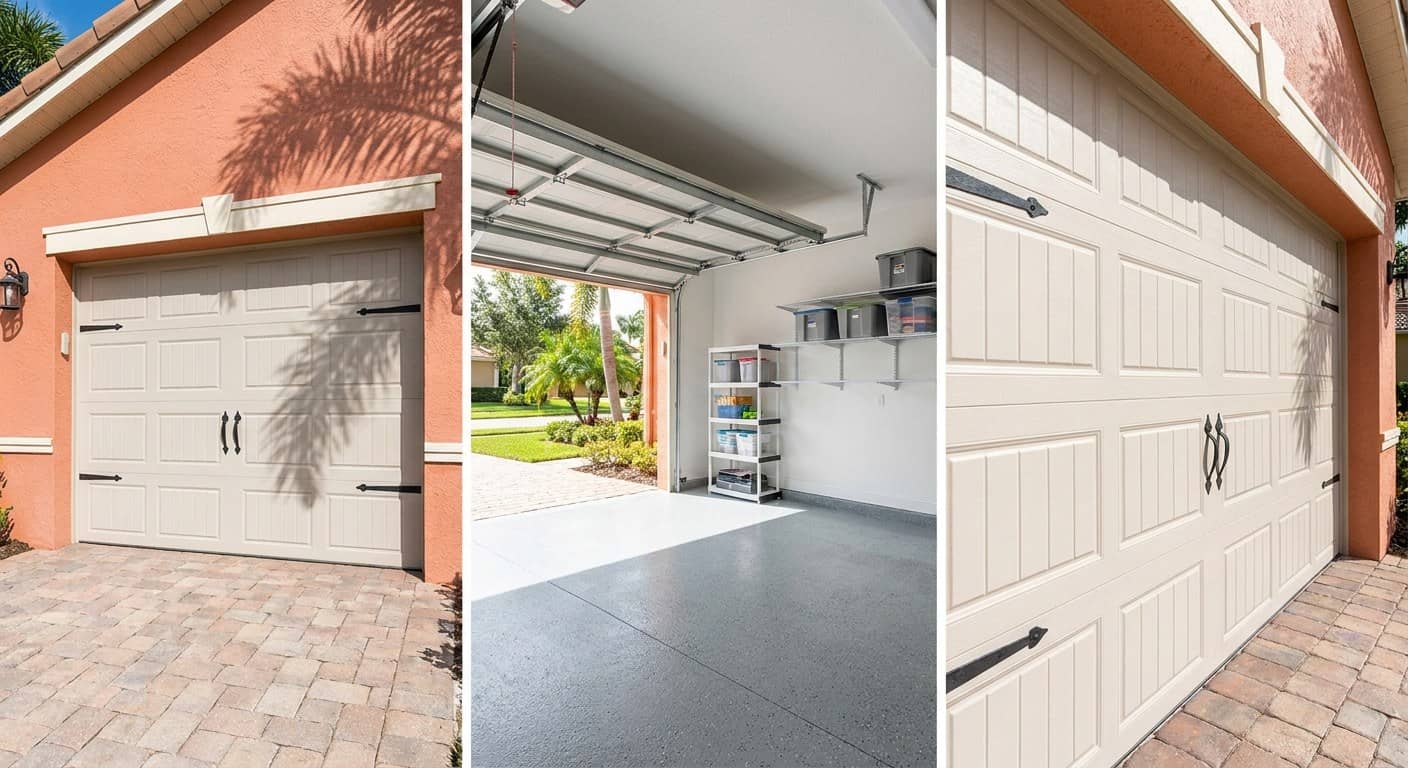 Puerta estilo carruaje con herrajes decorativos en una casa de estuco coral en Florida, con sombras de palmeras