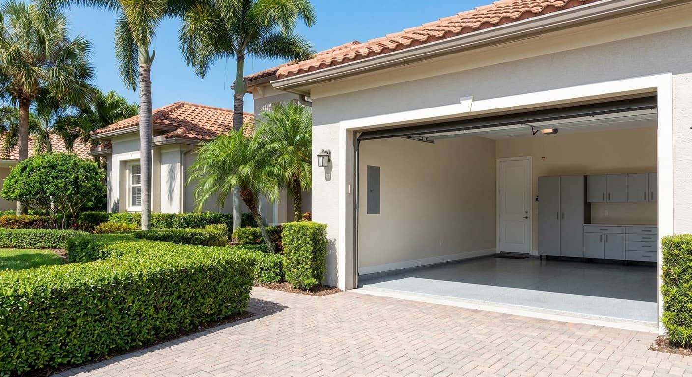 Puerta de garaje antihuracan de panel liso en gris calido en una casa moderna de Florida con seto recortado