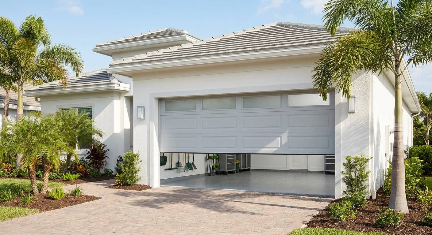 Puerta antihuracan con seccion superior acristalada en una casa contemporanea blanca de Florida