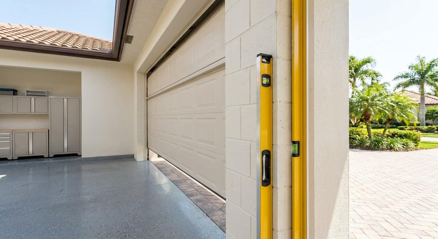 Garage door jamb with a spirit level held against it, the bubble clearly off center