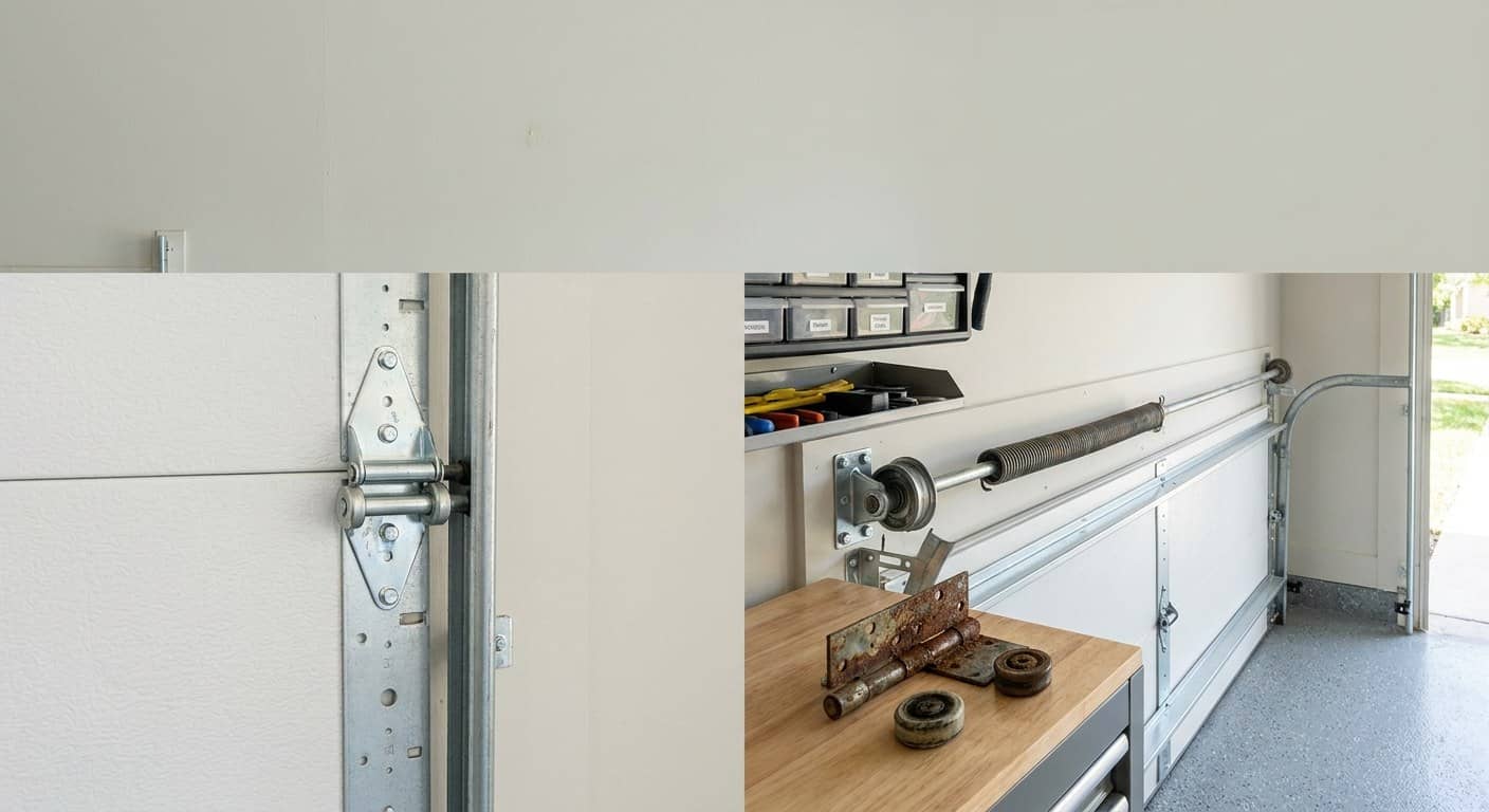 Galvanized garage door hardware — hinges, rollers and a bearing plate — laid on a work surface beside an older corroded piece